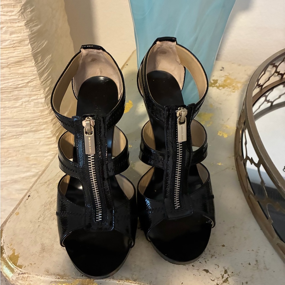MICHAEL Michael Kors Black Patent Leather Strappy Zip-Heels